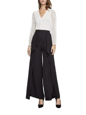 BCBG Maxazria Black Wide-Leg Ruffle Front Pants Front Slit Medium NWT